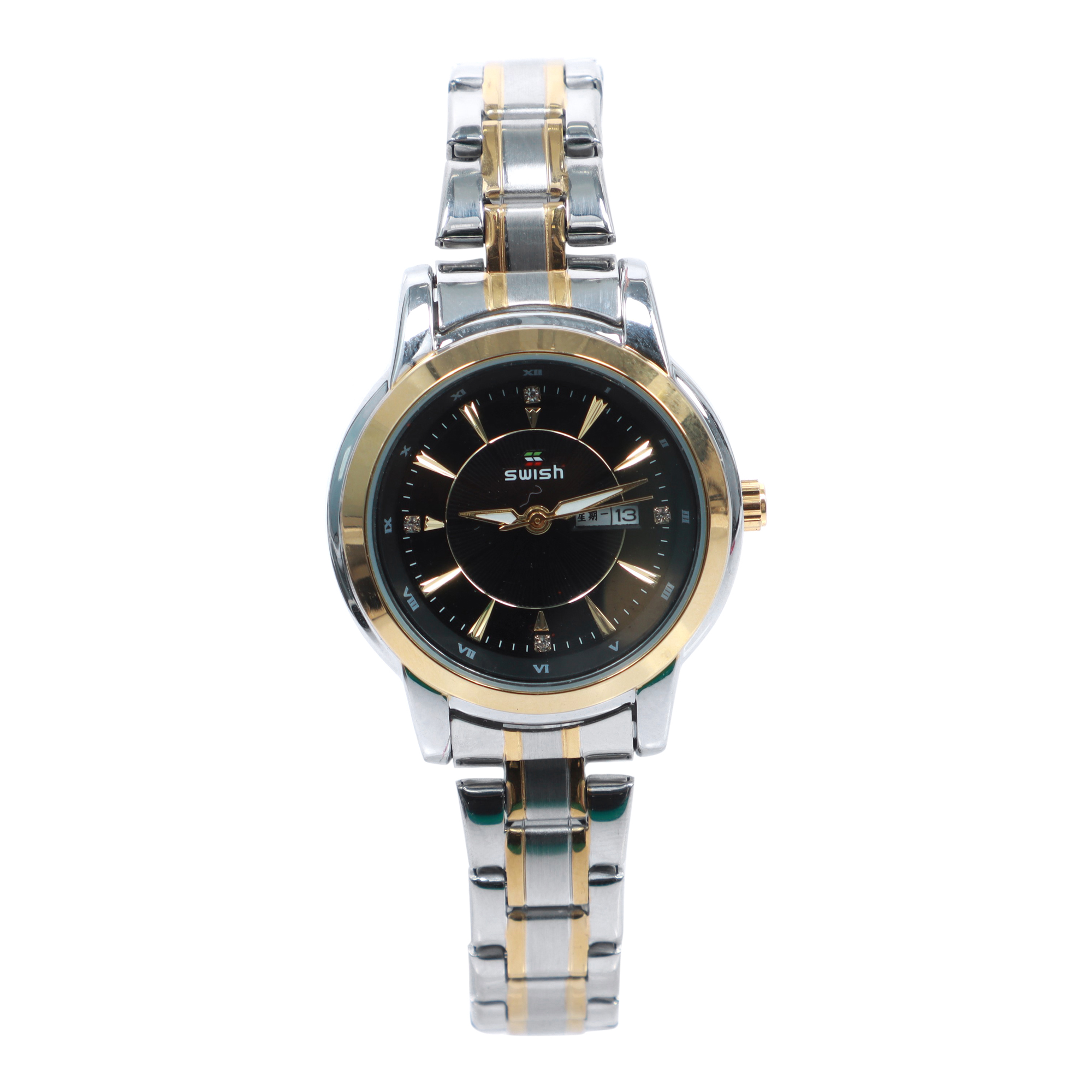 SWISH 0107 New Attractive Model Round Gold Dial Stainless Steel With Day Date Function Waterproof Casual Watch For Women