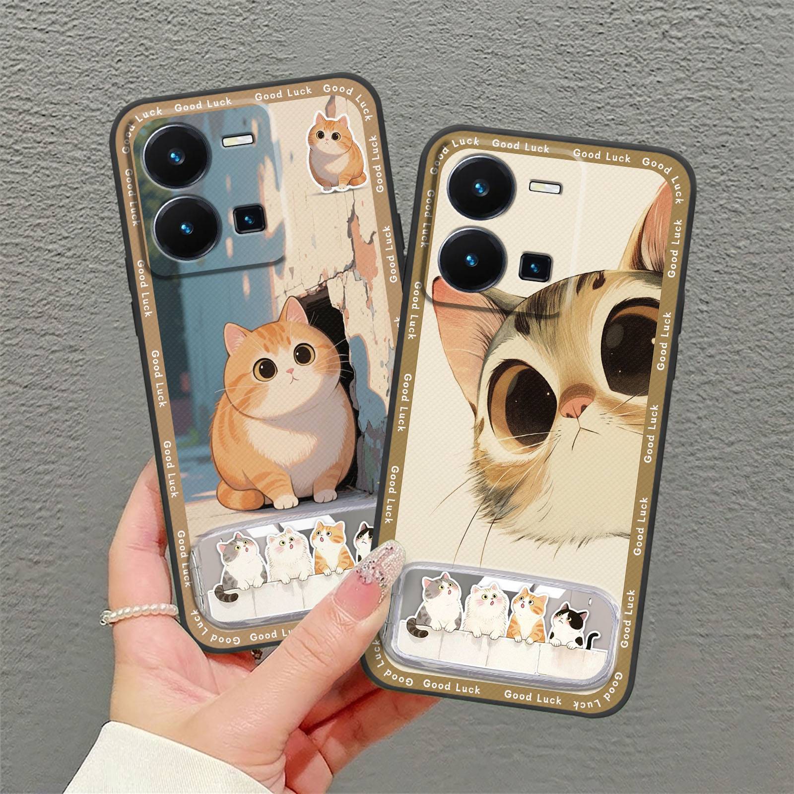 Durable Embroidery Phone Case For VIVO Y35 4G 2022 Plush TPU Silicone Phone Holder Anti-dust 3D Mirror Cute Kickstand