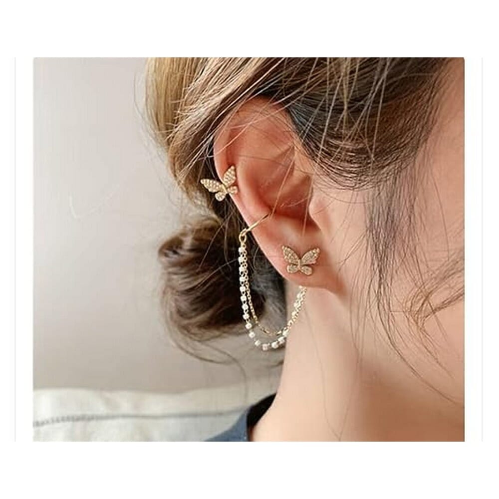 Pearl Butterfly Double Layer Chain Cute One Side Earring Drop For Women's (One Side 1 Piece)