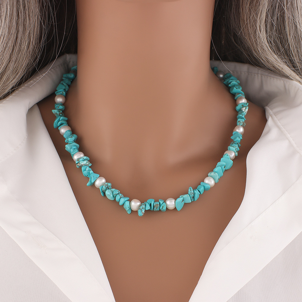 【Innovative designs】Retro Design Bohemian Turquoise Necklace All-match Natural Freshwater Pearl