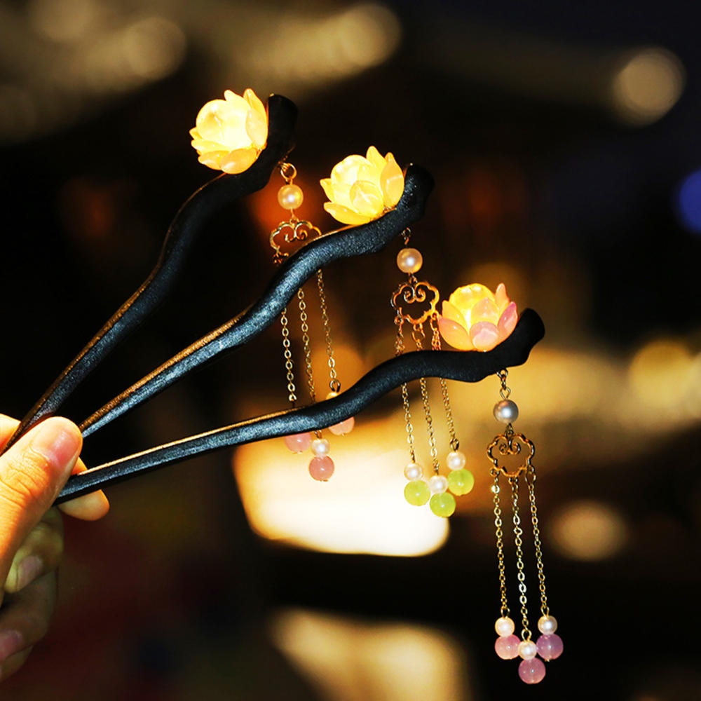 Flower Lotus tassel Handmade Hair stick LED Wooden Hair accessory for Daily wear Traditional Chinese costume Party