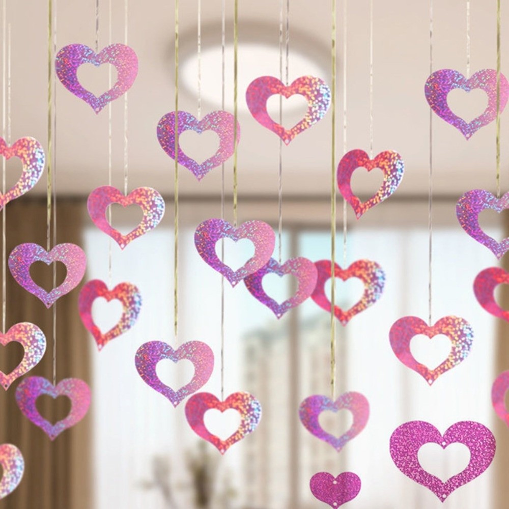 Romantic Sweet DIY Valentine's Day Love Pulling Laser Sequin Rain Curtain Pendant Love Heart Hanging Curtain Decorations Plastic Heart String Garland Bridal Shower
