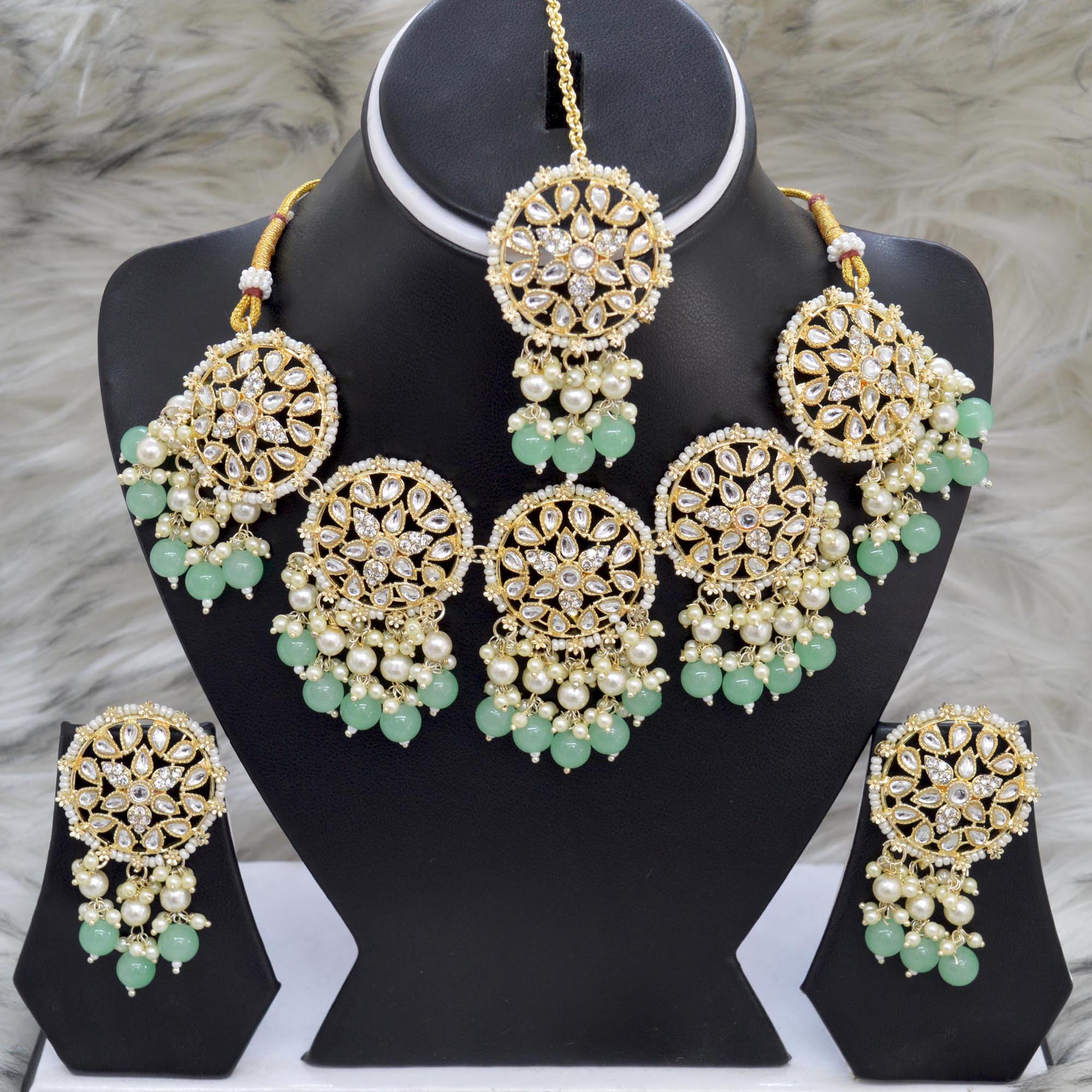 Stones & Beads Studded Tasseled Necklace, Earrings and Maangtika Set