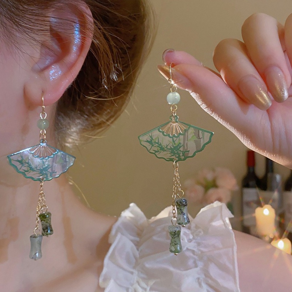 Retro Leaf Fan Shaped Drop Earrings Tassel Elegant Chinese Style Earrings Accessories Ear Jewelry Exaggerated Long Earrings Party