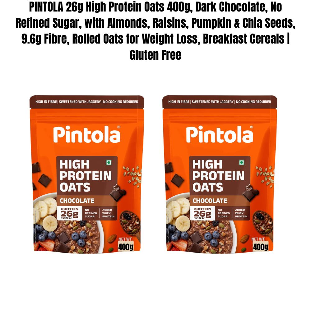 Pintola 26g High Protein Dark Chocolate Oats 1kg, No Refined Sugar, with Almonds, Raisins, Pumpkin & Chia Seeds, 9.6g Fibre, Rolled Oats for Weight management, Breakfast Cereals
