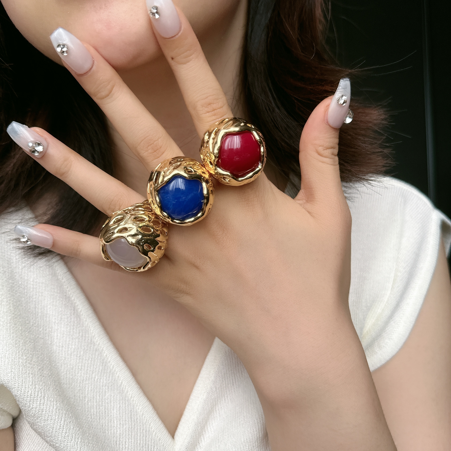 【Mega Sale】Middle Exaggerated Stone Lava Ring Female Niche High-grade Black Onyx Lapis Lauzuli White Crystal Ring