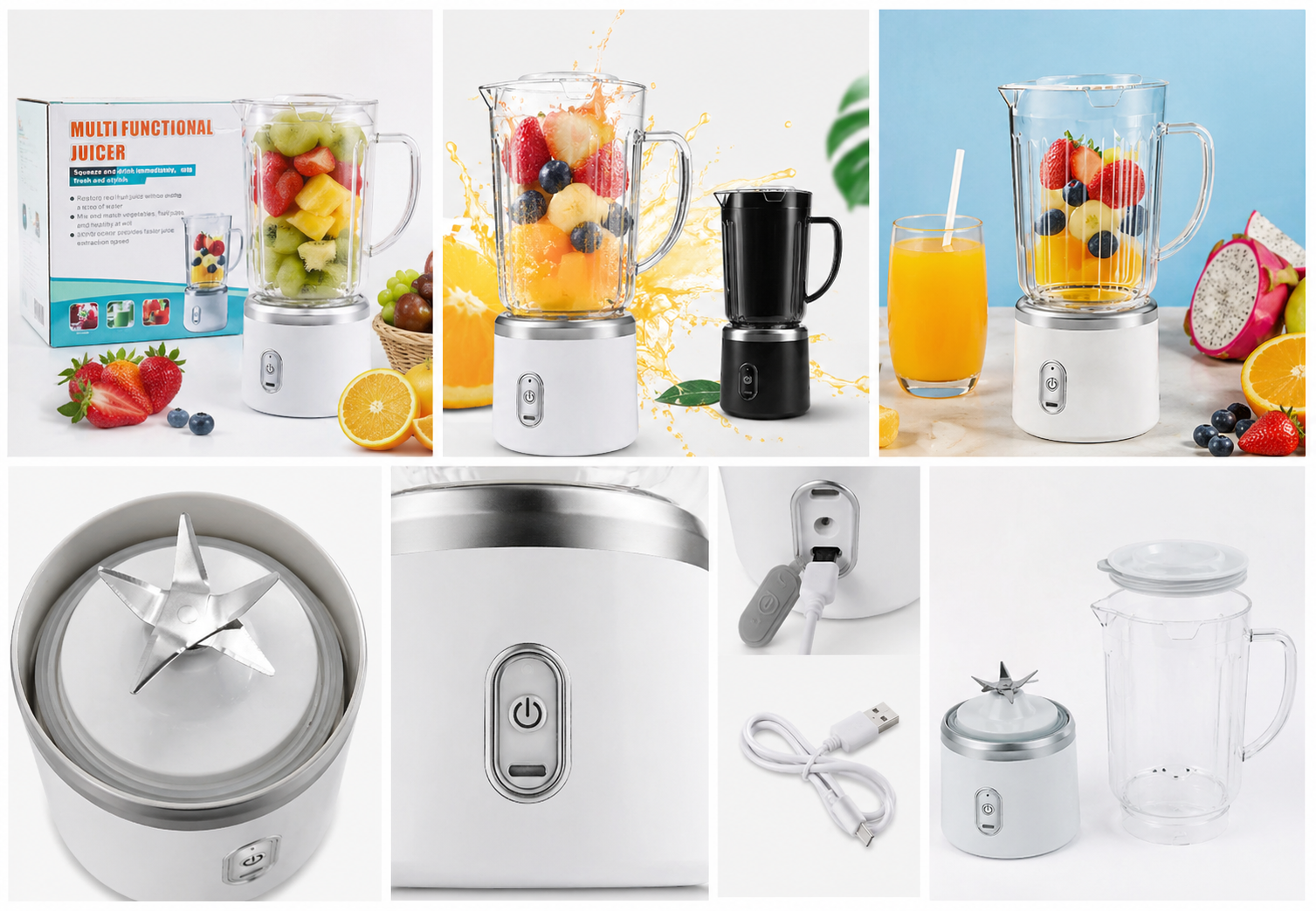 Multi Functional Portable Juicer Blender 300W - USB Rechargeable Smoothie Maker with 4 Blade High Speed Motor