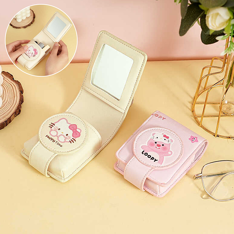 Sanrio Hello Kt Lipstick Bag With Mirror Mini Portable Cosmetic Storage Bag Protective Cover Women Makeup Bags PU Leather Pouch Gener