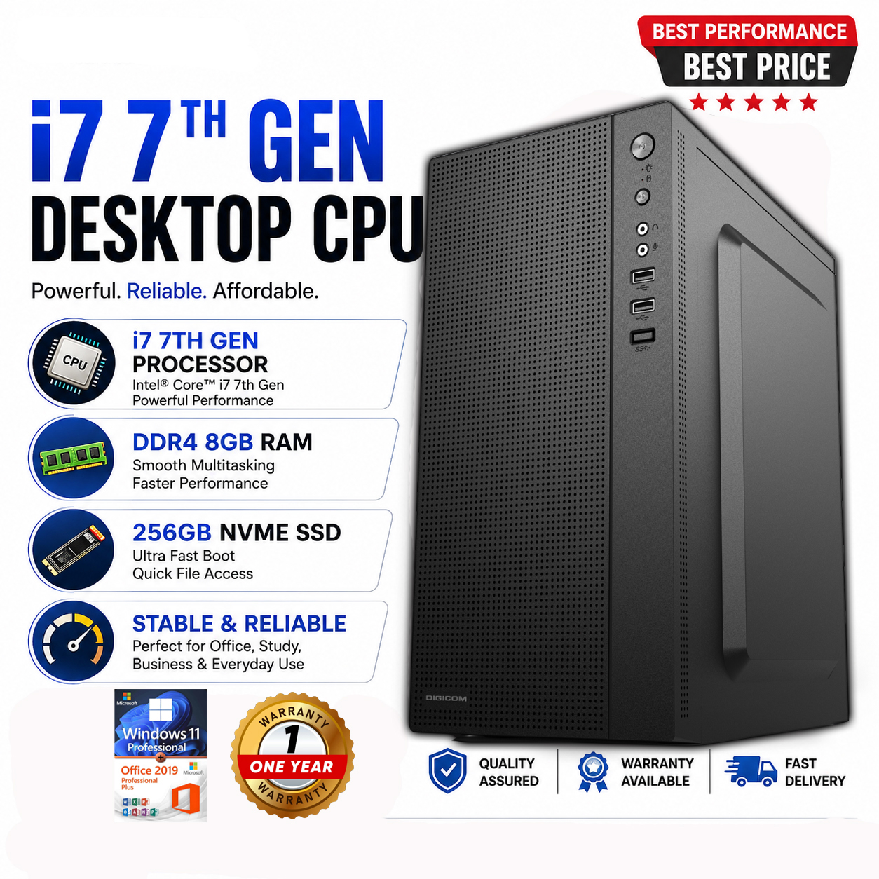 Intel Core i7 7th Gen Desktop CPU | 8GB DDR4 RAM | 256GB NVMe SSD | Windows & Office