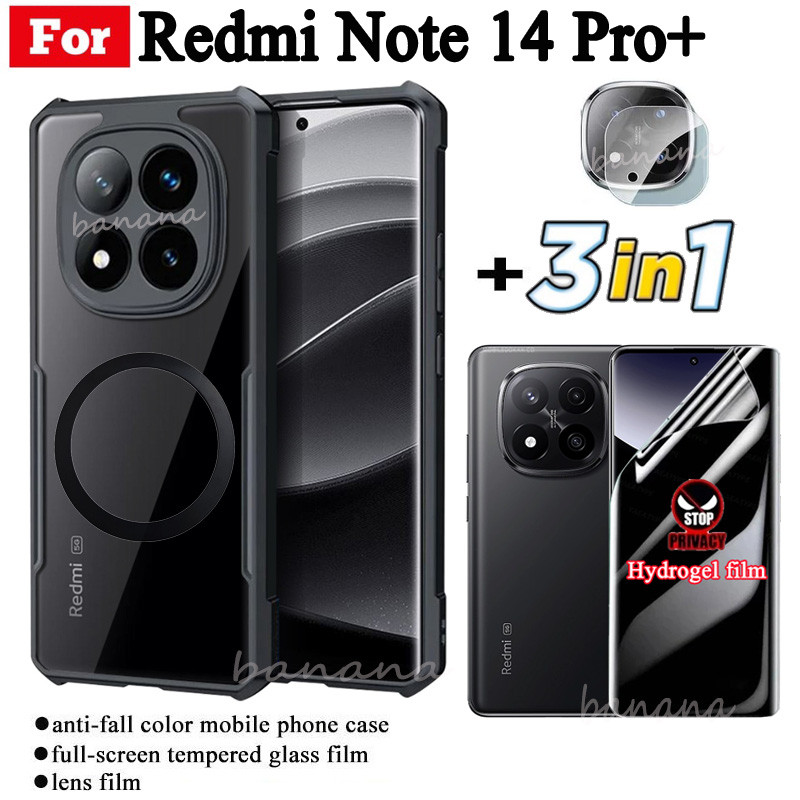 3 in 1 Redmi Note 14 Pro+ Shockproof Phone Case With Magnetic Wireless Charging Sticker+Anti Spy Soft Privacy Hydrogel Film Screen Protector + Lens Film