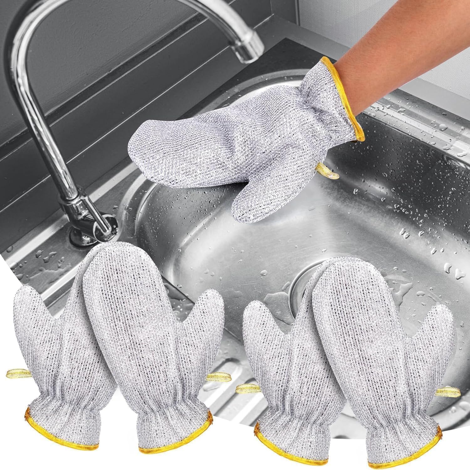 1 Pair Dishwashing Hand Gloves Non Scratch Wire, Waterproof Home Kitchen Utensils Cleaning Gloves for Washing Dish Easy Rinsing, Reusable Cleans Dishes Pots, Pans, Sinks