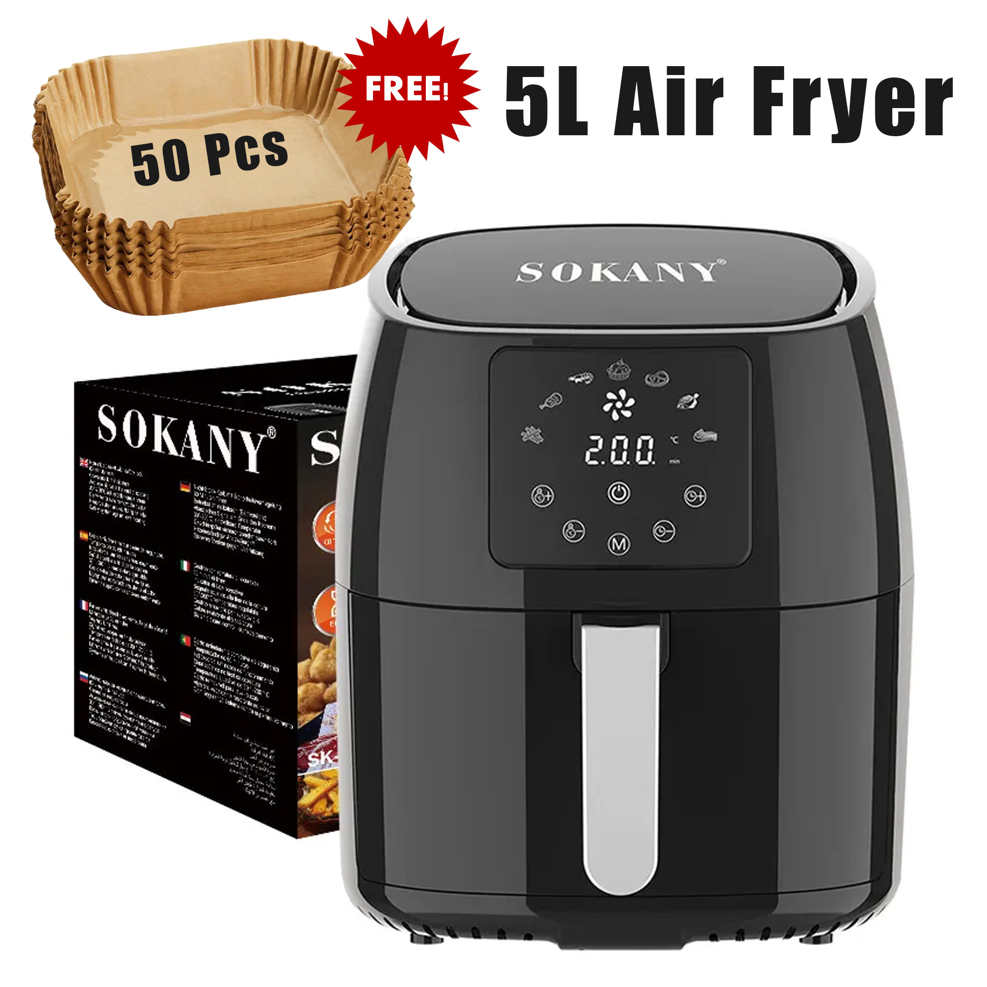 Sokany 5L Digital Air Fryer with Free 50 Pcs Disposable Oil-Absorbing Paper Liners | Non-Stick Fryer Paper Holder | Healthy Low-Oil Cooking for Home Use