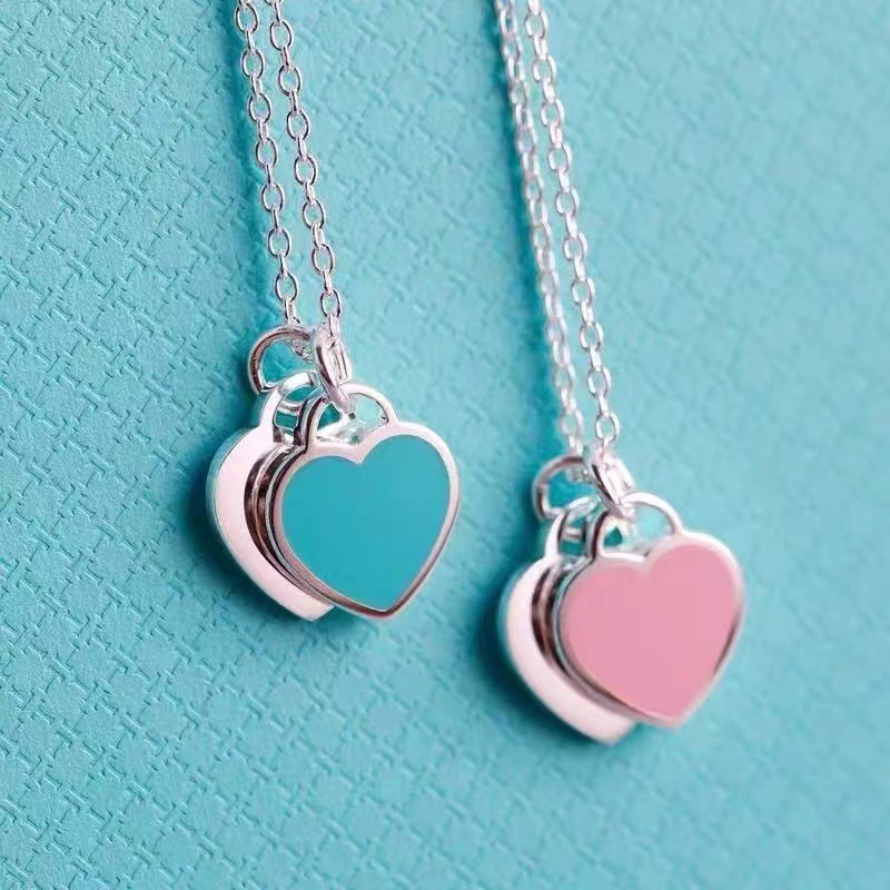 【New arrival】Yibaijia T Family Love Necklace Women's 925 Red Heart Oil Drop Enamel Blue Clavicle Chain Double Heart Pendant