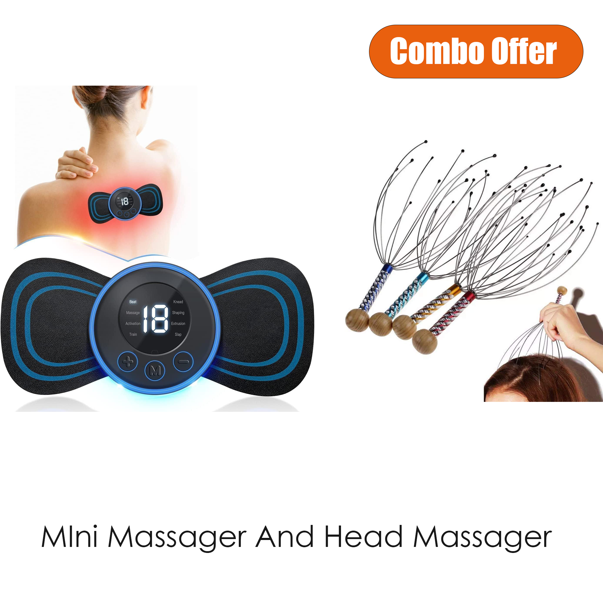 Combo Wireless Mini EMS Butterfly Massager + 12-Finger Head Scalp Massager | Portable Rechargeable 8-Mode Muscle Stimulator for Neck & Body Pain Relief, Blood Circulation & Relaxation