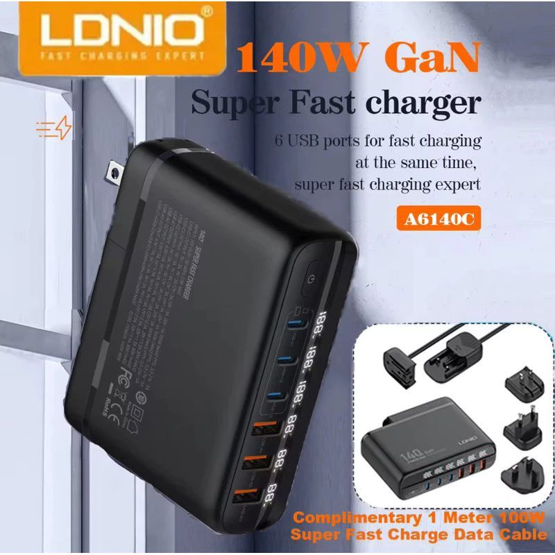 LDNIO A6140C 140W GaN Super Fast Charger - 6-Port Desktop Charging Station with LED Display - High-Speed USB-C & USB-A Power Adapter for Laptops, Tablets & Smartphones