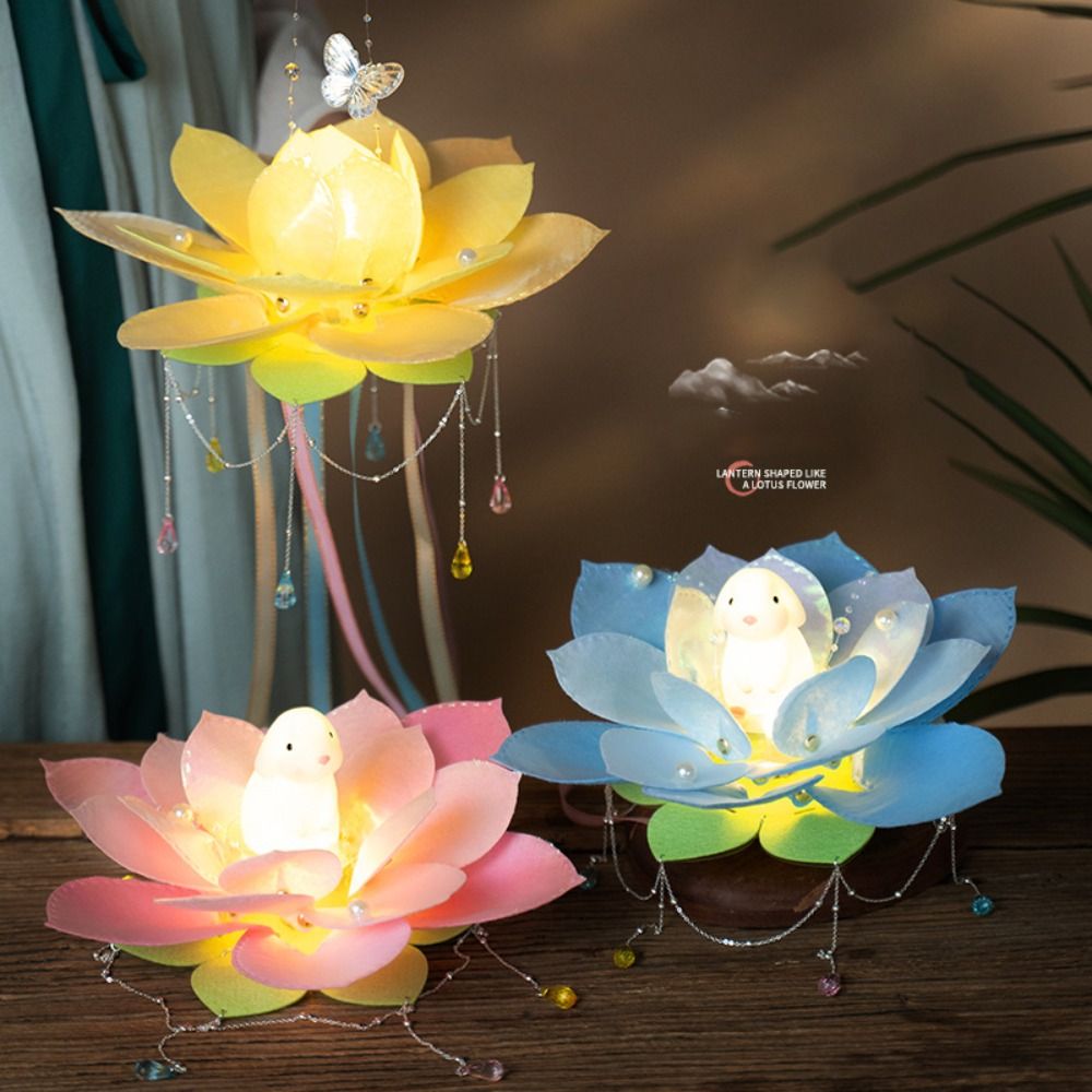 New DIY Rabbit Lotus Lantern Bamboo Portable Handheld Luminous Lantern Handmade Ancient Style Children Lantern