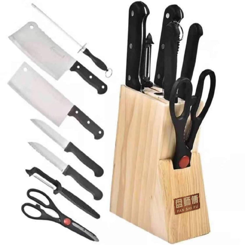 Stainless Steel Knife Set with Wooden Block 8 Piece - Chef Knife, Bread Knife, Boning Knife, Utility Knife, Fruit Knife, Round Knife Sharpener, Scissors and Wood Block Knives Holder