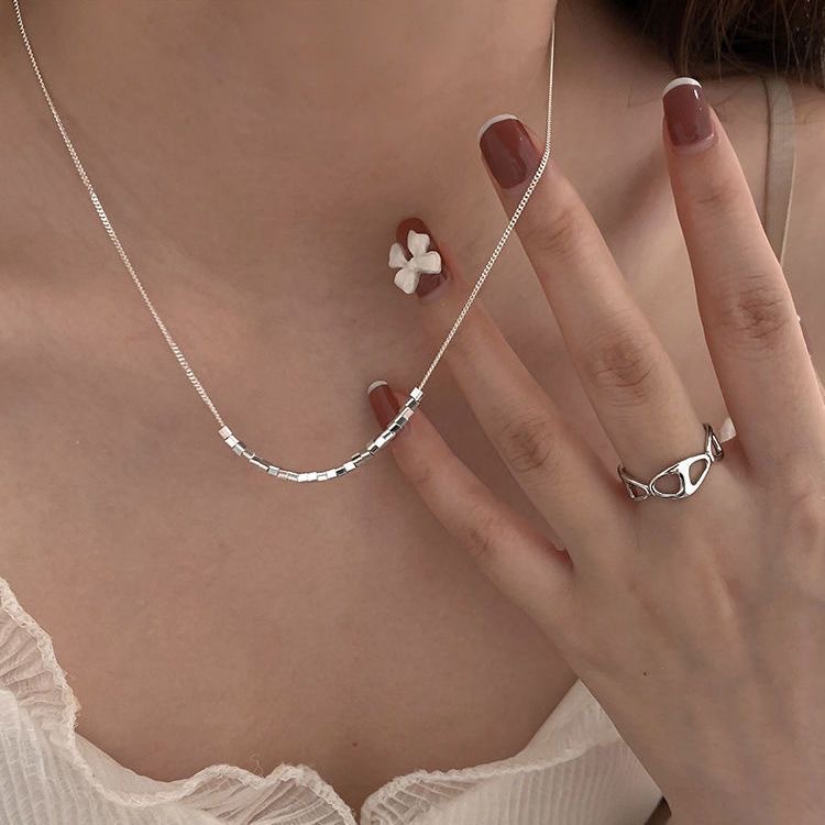 【New arrival】Square Pendant Necklace Women's Summer Men's Fashionable Clavicle Chain Men's Niche Design High-grade Woolen Chain