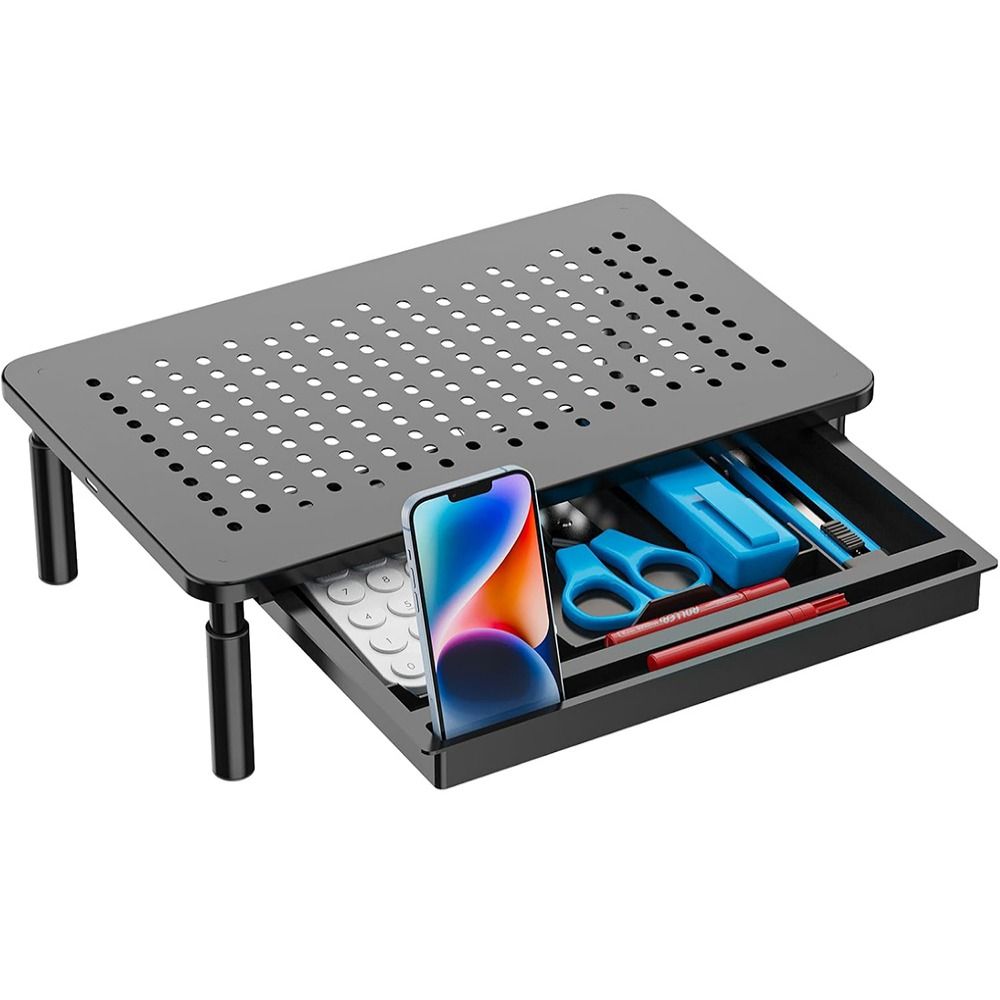 Portable Adjustable Computer Monitor Stand Metal Heightening Laptop Cooling Bracket with Storage Drawer Storage Rack