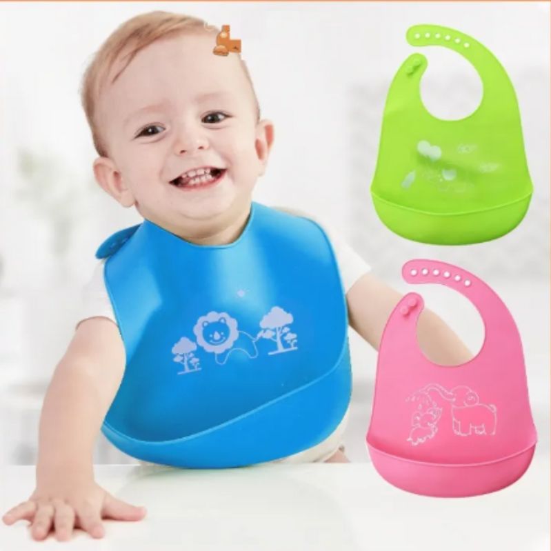 Soft Silicone Baby Bibs- Waterproof Adjustable Food Pocket For Newborn Toddler Kids Lunch Dinner Bibs Blue Color
