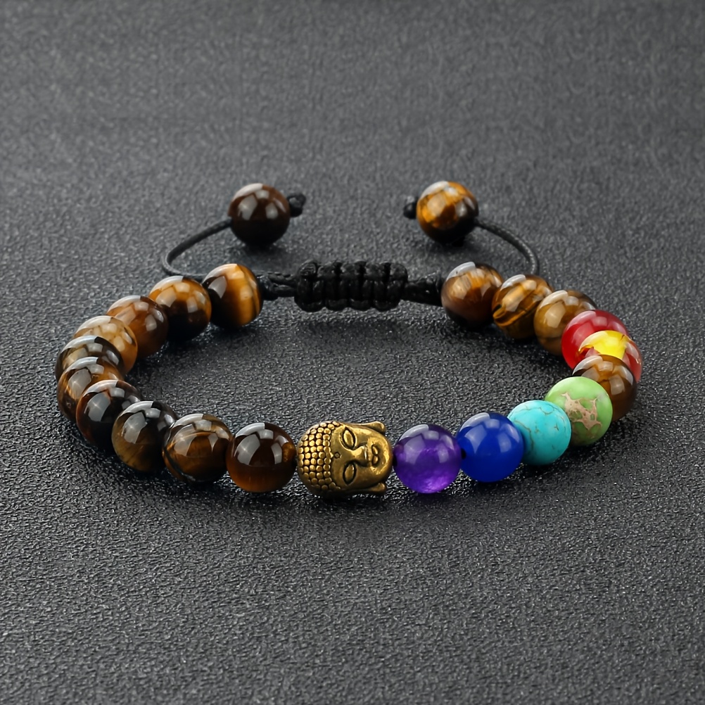 Buddha Head Bracelet with Tiger Eye Beads Along with Seven Chakra Beads Bracelet for Unisex by Treasure Box Nepal