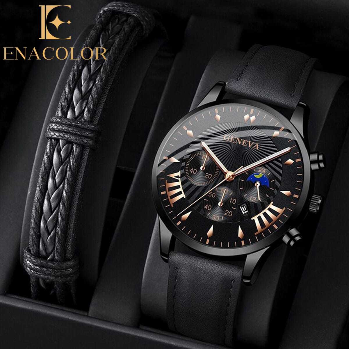 Enacolor 2Pcs/Set Male Bracelets Quartz Watch Set Fashion Casual Accessories For Men | Fashion Watch For Men