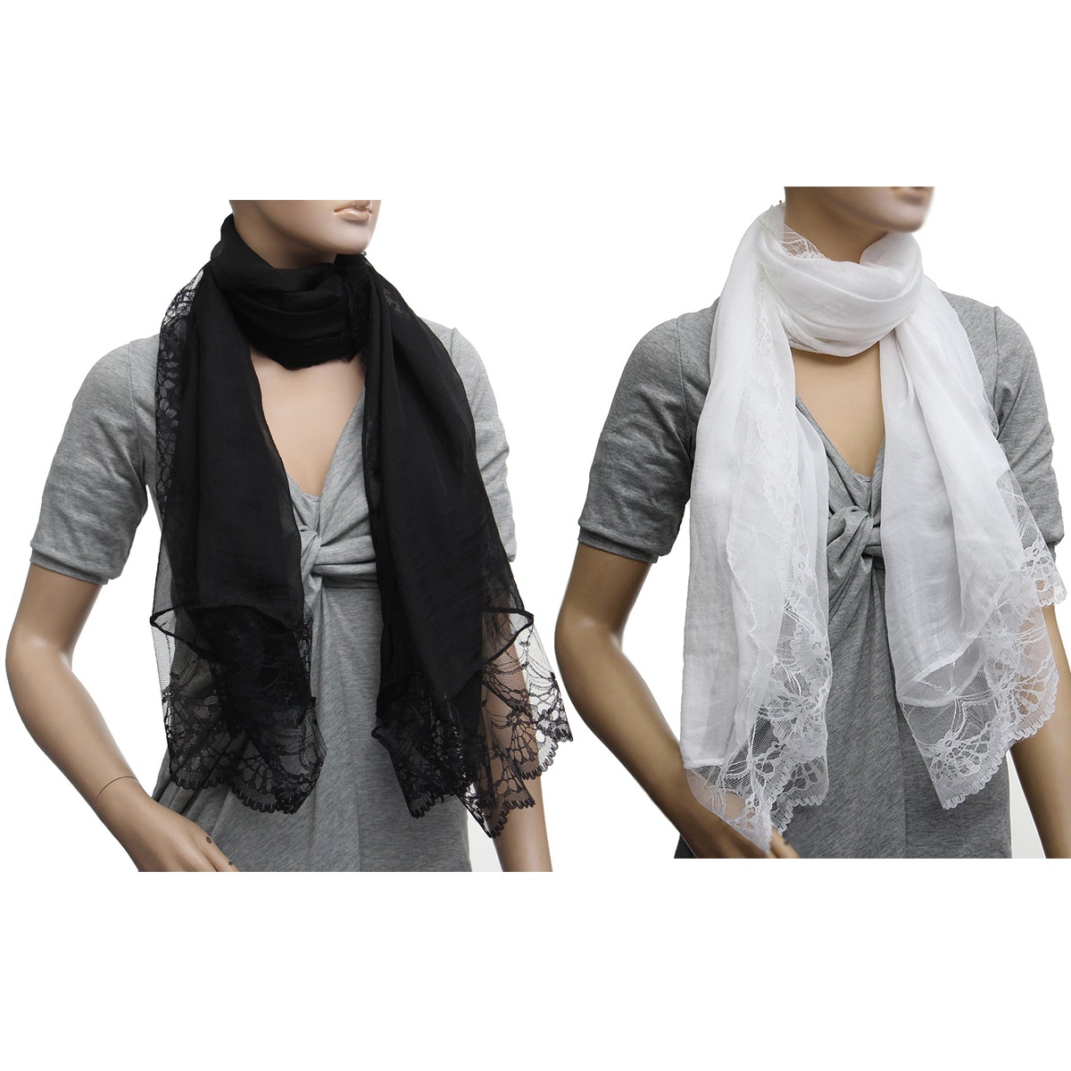NAMUNY 2 Pcs Woman Scarves Chiffon Lace Scarf Wrap Scarf Black & White
