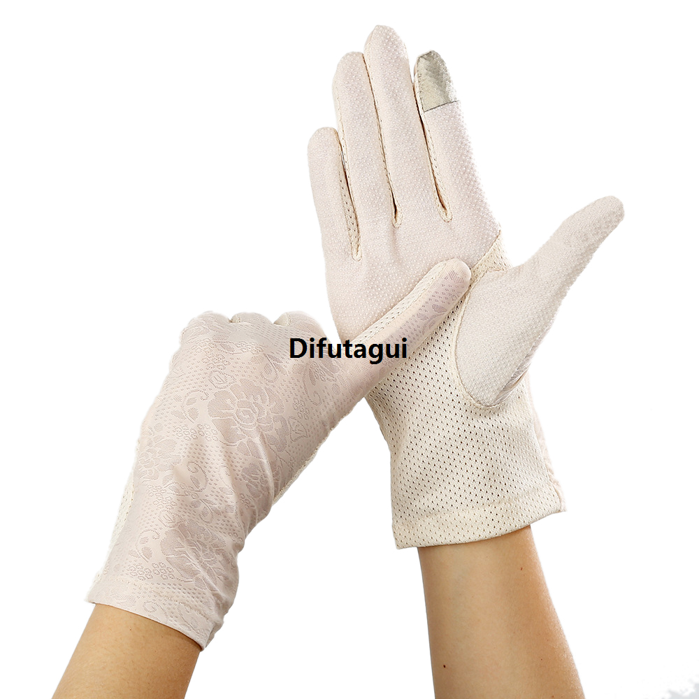 Difutagui Women Summer Sun protection Lacework Outdoor Ice Silk Breathable Fifty percent discount Finger Driving Gloves Spot Non-slip Touch Screen Ladies Gloves