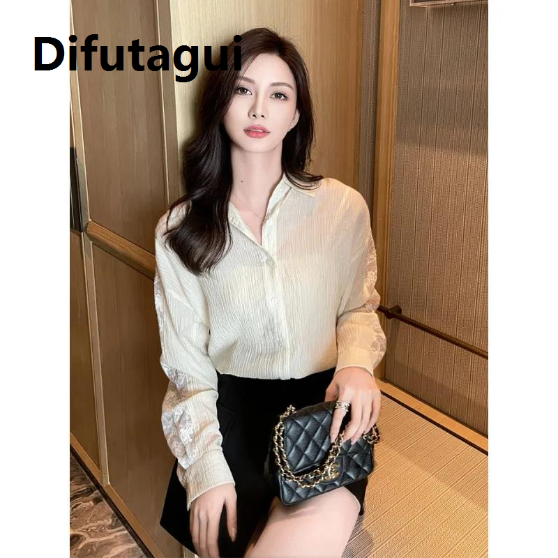 Difutagui Portable Spring 2025 Casual Polo Collar Mid-Length Shirt Jacket Lace Trim Sun Protection Women's plus Size Blouse/Silk Shirt