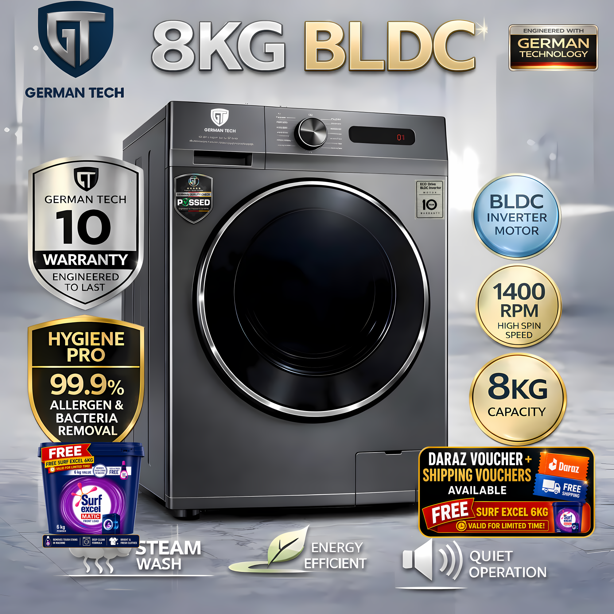 German Tech 8KG Washing Machine Fully Automatic BLDC | Front load Washing Machine | 10 Year Warranty | German Technology | High energy saving Inverter Motor | Quick Wash for low electricity and water use | 16 Programs | Steam Wash | Allergy Care| Nova Hub
