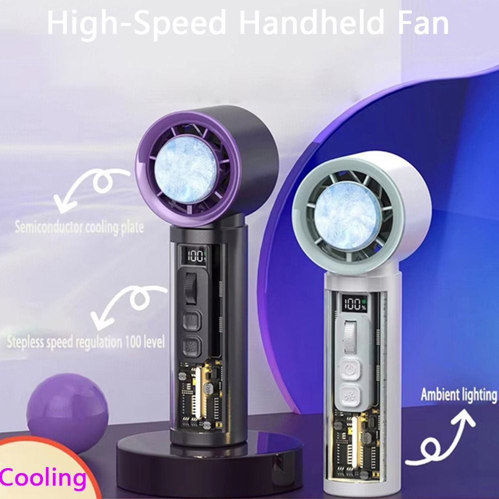 Powerful Semiconductor Refrigeration Handheld Fan 100 Gears Adjustable Rechargeable Small Electric Fan Atmosphere Lamp High-Speed Mini Air Cooler Summer