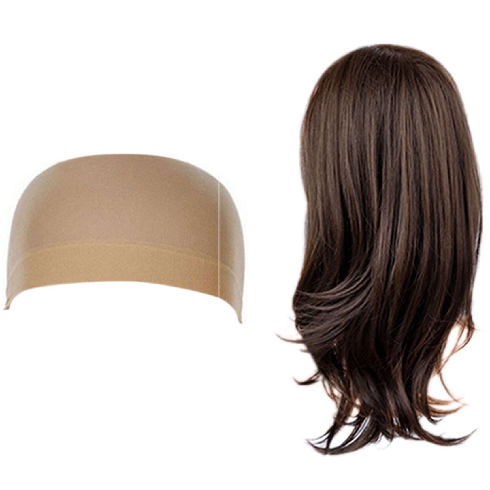 NAMUNY 2 Pcs Hair Wig Nets Stretch Mesh Wig Cap & 1Pcs Women Hair Wigs Natural Wave Dark Brown Side with Bangs