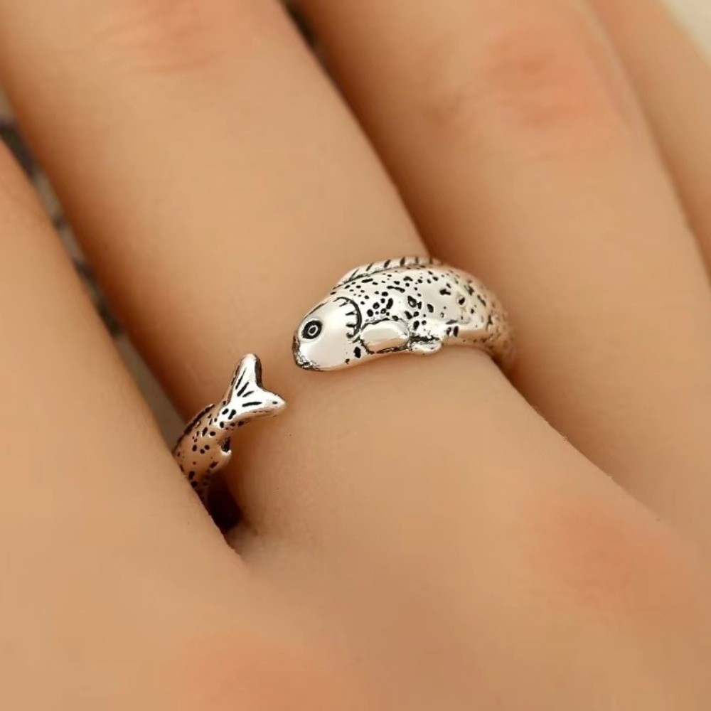 Personalized Simple Fish Shaped Ring Distressed Alloy Vintage Adjustable Ring Retro Open Ring Daily
