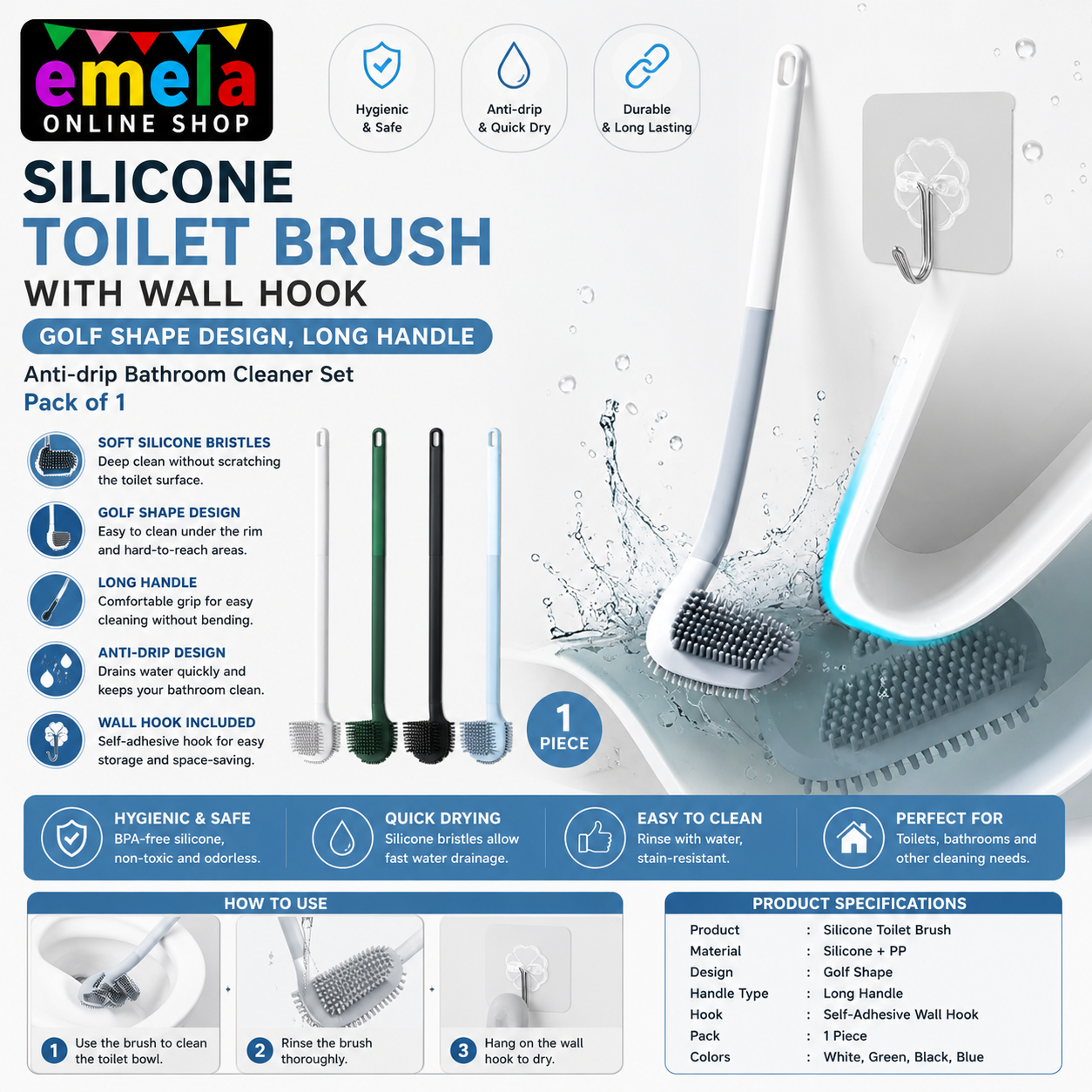 Silicone Toilet Brush with Wall Hook, Golf Shape Design, Long Handle, Anti-drip Bathroom Cleaner Set Pack of 1