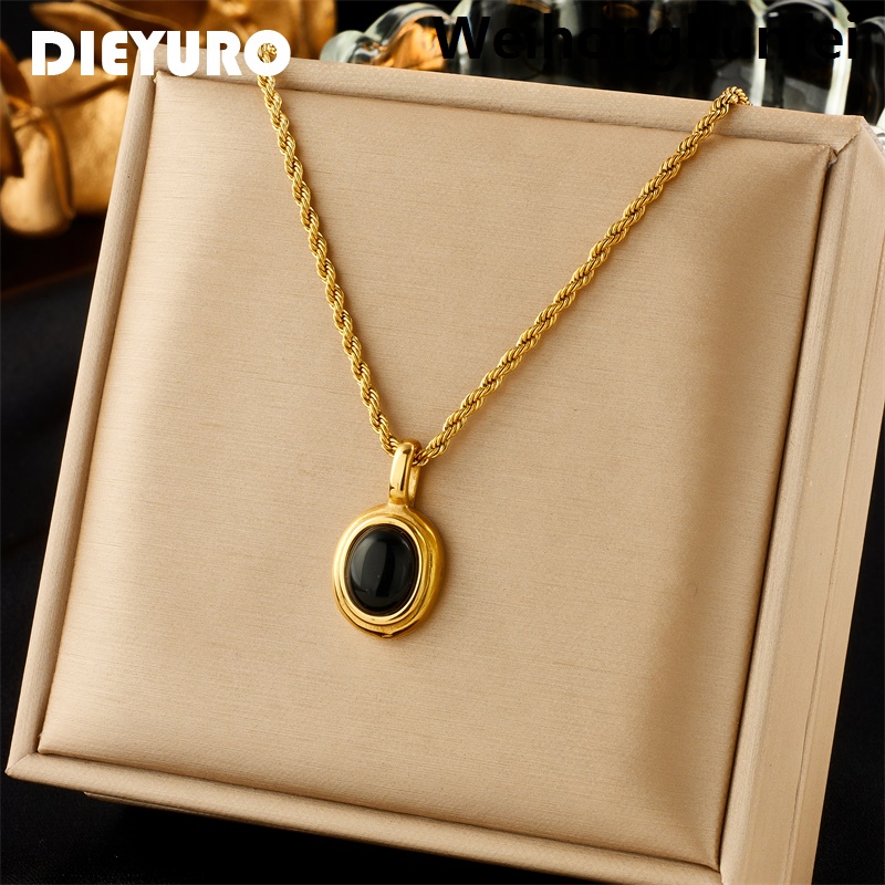 WeihonghunfeiFifty percent discount DIEYURO 316L Stainless Steel Oval Black White Stone Pendant Necklace For Women Girl New Trend Clavicle Chain Jewelry Gift Party