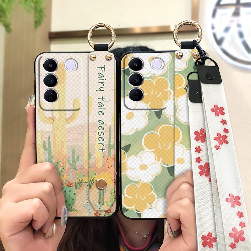 Wristband Durable Phone Case For VIVO S16E/V27E 5G Waterproof Wrist Strap flower Oil Painting Lanyard Fashion Design