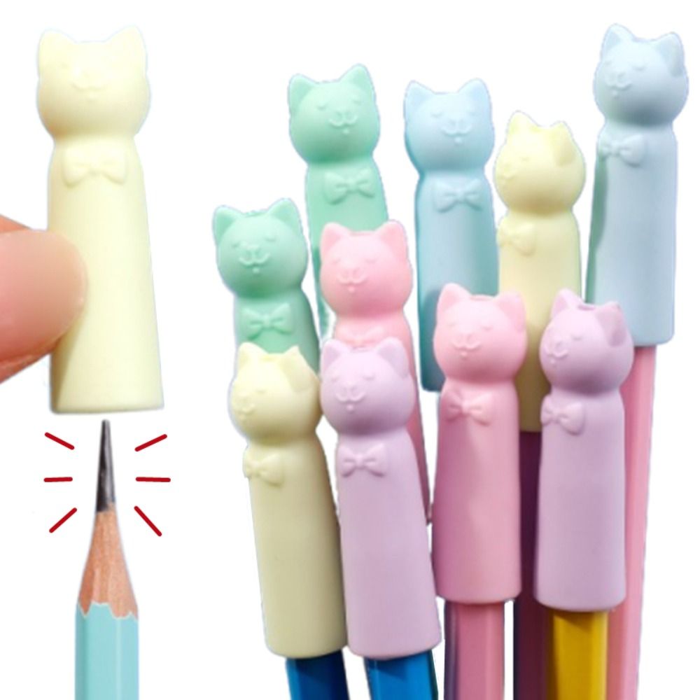 10PCS Cartoon Cat Shape Pencil Nib Protective Cap Correction Stationery 2 in 1 Pencil Extender Erasers Students Gift