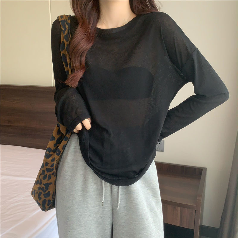 Linman 【15,000 people collected】Summer new versatile solid color loos2025 e round neck long-sleeved ice silk sunscreen T-shirt base shirt