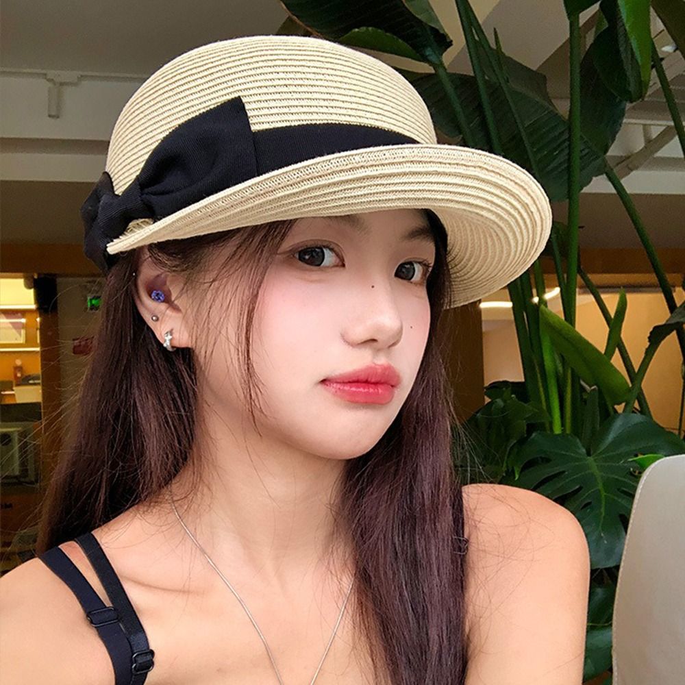Vintage Elegant Woven Straw Cap Summer Sun Protection Bow Straw Cap French Casual Equestrian Hat Outdoor