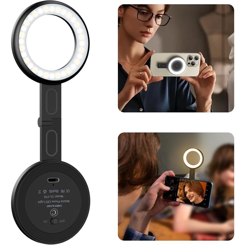 Magnetic Selfie Light - Magsafe Compatible LED Phone Light Included Sticky Ring, 6 Lighting Modes, Fill Light for Photos, TikTok, Zoom, Live Streaming, Vlogging, Video Conference (Black)