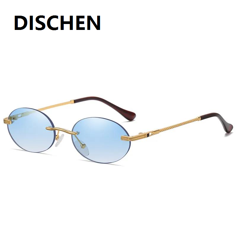 DISCHEN Original Retro Oval Sunglasses Rimless Man Blue Mirror Gold Metal Male Glasses Round Frameless Women UV400