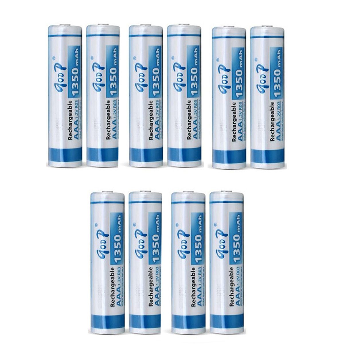 Goop AAA Rechargeable Batteries 1350mAh Ni-MH 1.2V, (5 Pairs), Long-Lasting, Up to 1100 Cycles for Toys, Remotes, Cameras, Flashlights & More
