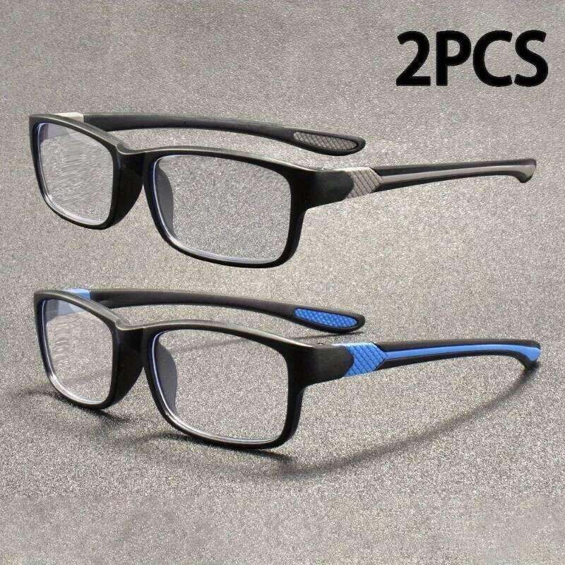 2 Pairs of Mens Elegant Blue Light Reading Glasses Rectangular Full Frame Anti Glare Lenses