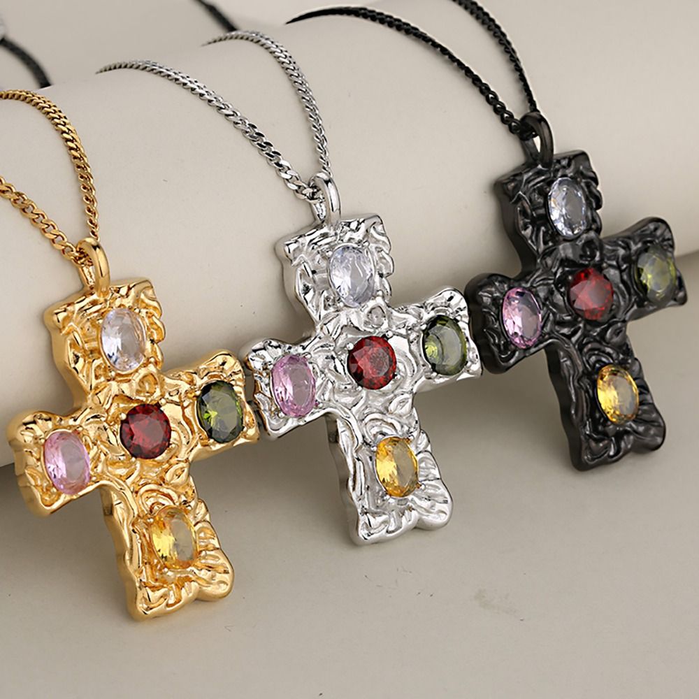 New Stainless Steel Cross Necklace Hammered Colorful Crystal Zirconium Pendant Necklaces Charm Necklace Women Men