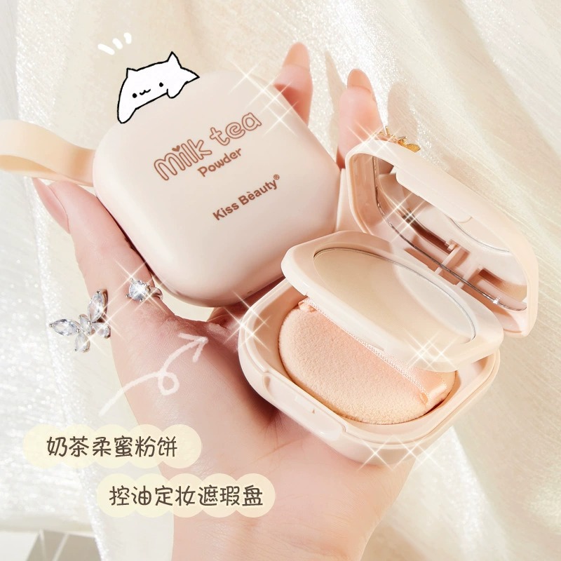 Kiss Beauty Milk Tea Powder Oil Control Makeup Waterproof Soft Focus Makeup Setting Powder Loose Powder Dual-layer Portable