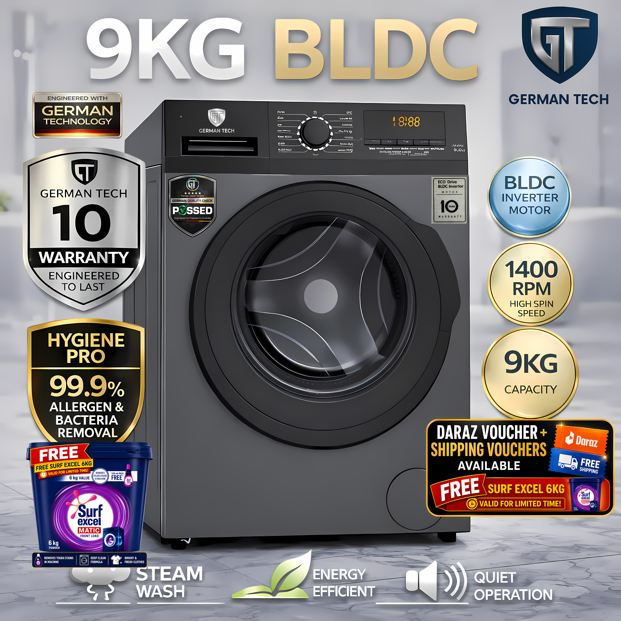 German Tech 9KG Washing Machine Fully Automatic | Front load Washing Machine | 10 Year Warranty | German Technology | Glossy Grey | High energy saving Inverter Motor | Quick Wash for low electricity and water consumption |16 Programs|Steam Wash | Nova Hub