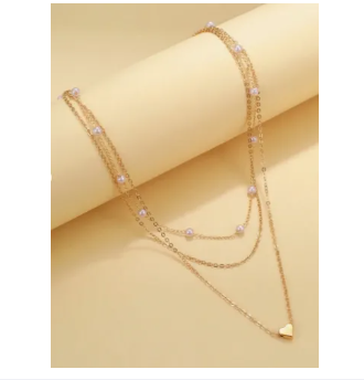 Stylish Pearl Jewelry - Gold Choker Necklace with Heart Charm and Small Layered Pearls