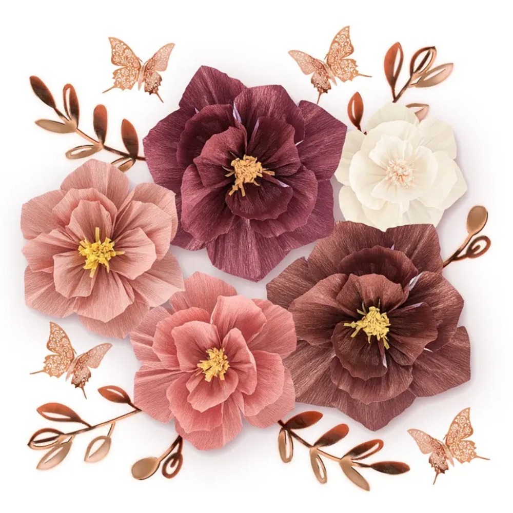 5pcs Portable 25cm Crepe Paper Flower Multi Purpose Festival Decor Wrinkles Paper Flower Light Weight Stereoscopic Handmade DIY Flowers