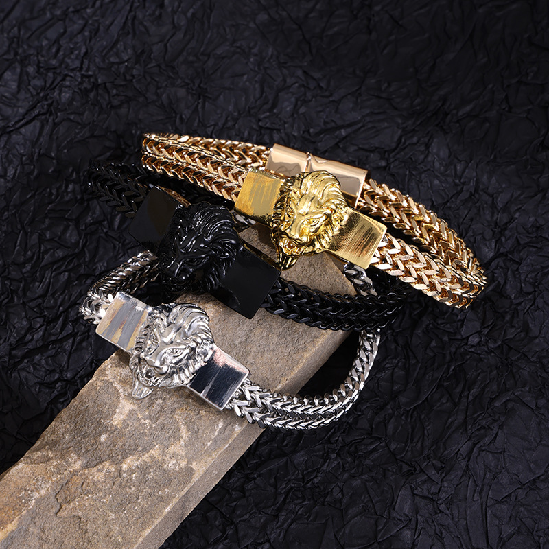Lion Head Double Row Chain Magnetic Buckle Bracelet Hip Hop Style Stainless Steel Bracelet for Men
