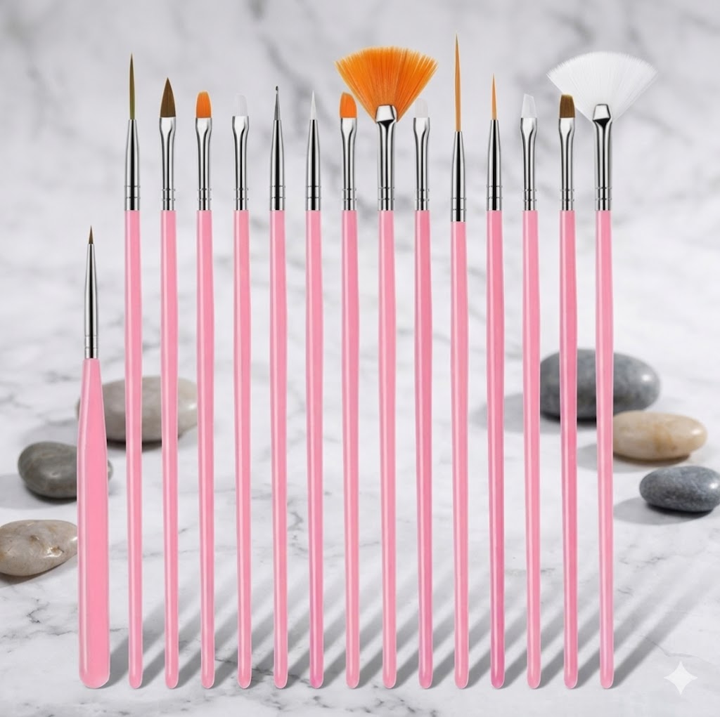 Professional Nail Art Brush Set - 15pcs Pink Handle UV Gel Painting Brushes Kit for Manicure Design